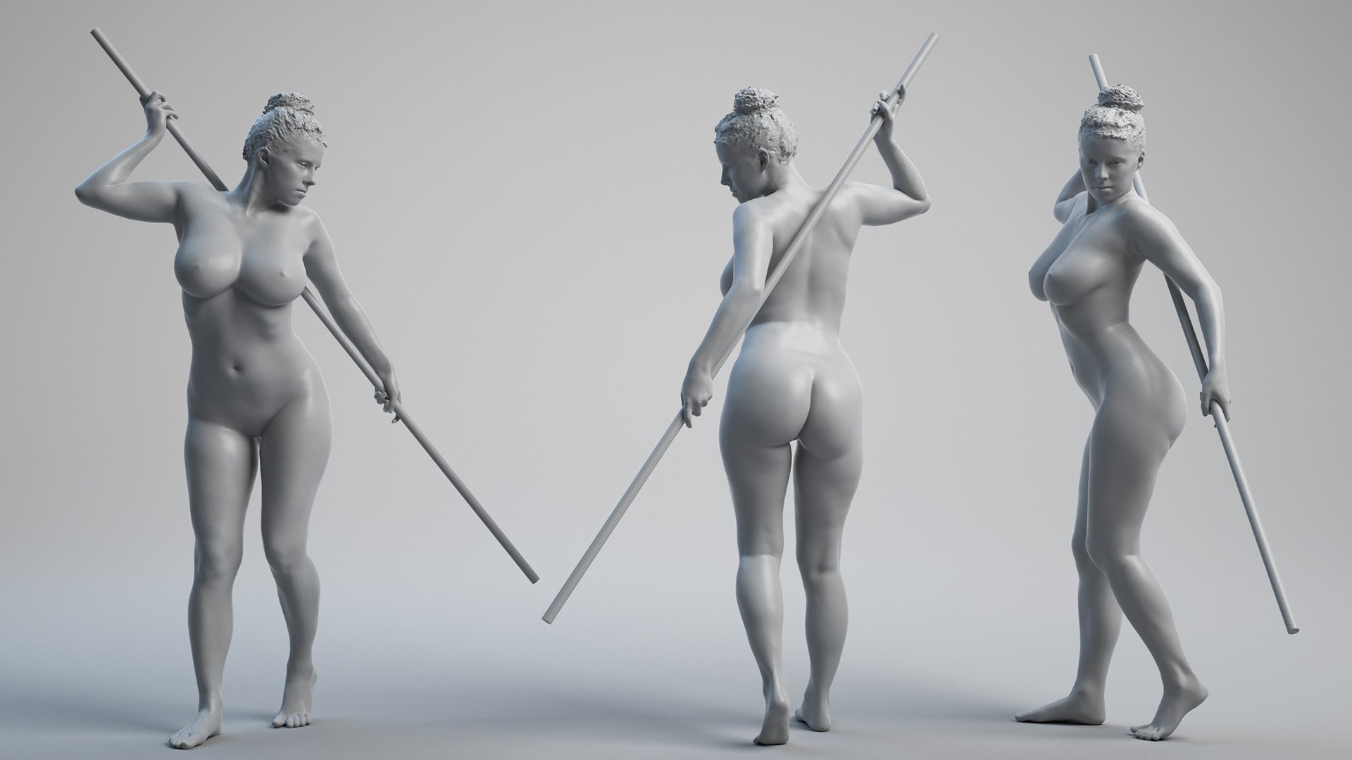 Naked Female 3D Body  Back Pole Prop Pose